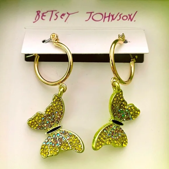 NWT Betsey Johnson All A Flutter Huggie Yellow Crystal Butterfly Earrings - Picture 1 of 6